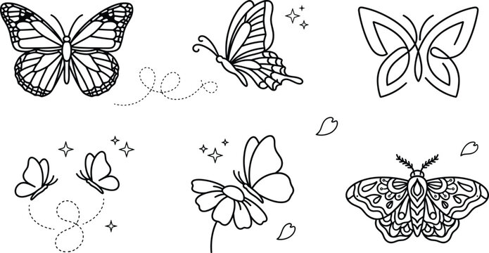 Butterfly and moth line art vector set with monoline insects flowers stars black doodles on white background