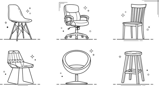 Modern chair vector icon set featuring office desk seat bar stool wooden dining and armchair furniture symbols