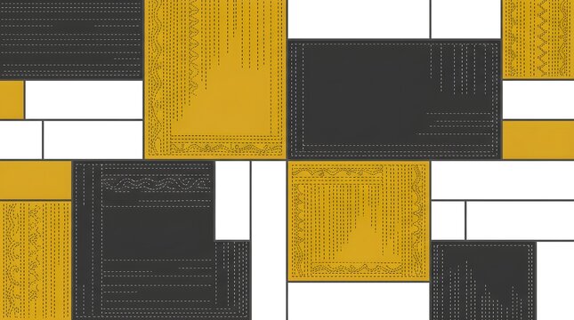 Seamless abstract pattern of mustard yellow and charcoal gray stitched fabric rectangles with white geometric divisions.