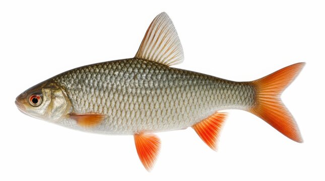 Rotauge Suessswasserfisch mit orangeroten Flossen freigestellt auf weissem Hintergrund