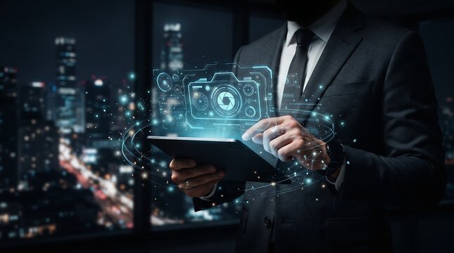 Young entrepreneur reaching a hand toward a glowing digital signature icon hovering above a office desk, futuristic business technology concept, digital transformation