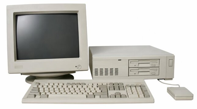 Alter Desktop-Computer aus den 90igern mit CRT-Monitor, Tastatur und Maus