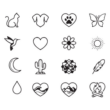 Nature and Animals Line Art Vector Clipart Set with Cat and Cactus Icons