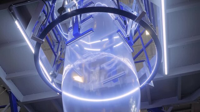 Bubble cage of blown plastic film extrusion machine at exhibition, trade show - the process of making transparent plastic film: low angle view. Representation of recycling, equipment, and production