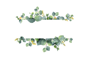 Elegant eucalyptus leaves and yellow flowers border design for wedding invitations and greeting cards on transparent background  © pixcelstudiopro