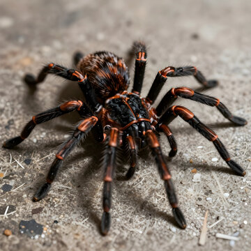 Tarantula spider wildlife and arachnophobia concept venomous insect in nature close up of a hairy black and orange spider on a textured ground surface
