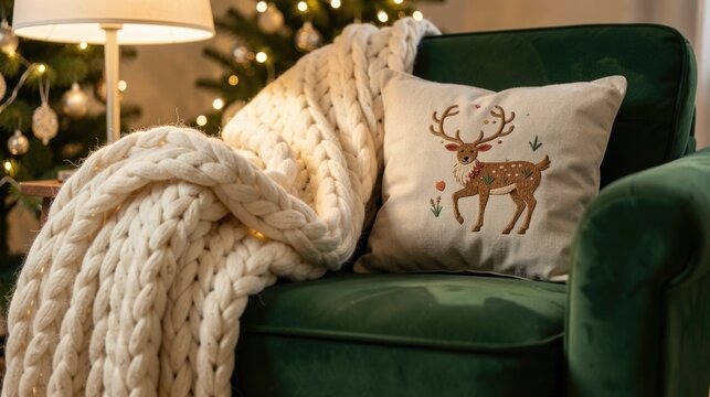 Cozy green armchair with a knitted blanket and festive pillow  