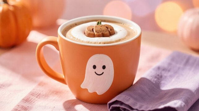 Cozy pumpkin spice latte in a ghost mug with autumn decorations  