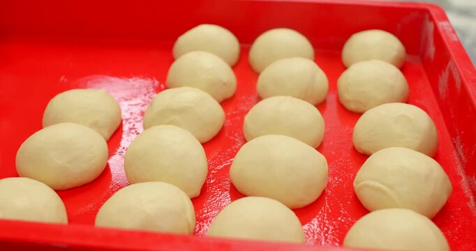 multiple smooth pale dough balls placed in neat rows inside glossy red plastic tray, low-angle closeup on bakery workbench with soft light and subtle reflections