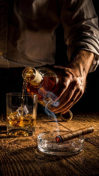 man pouring whiskey into glass with ice cubes on rustic table