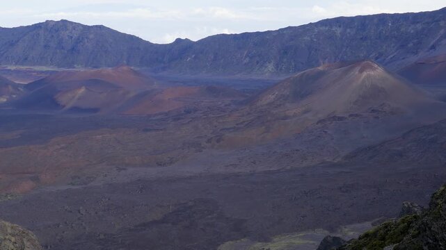 Overlook of Haleakalā National Park, the craters and volcanic cinder cones of the Haleakala volcano on the island of Maui, Hawaii. Also known as the East Maui Volcano.