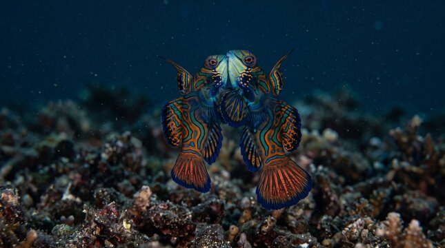 Pair of mandarinfish face to face during mating display