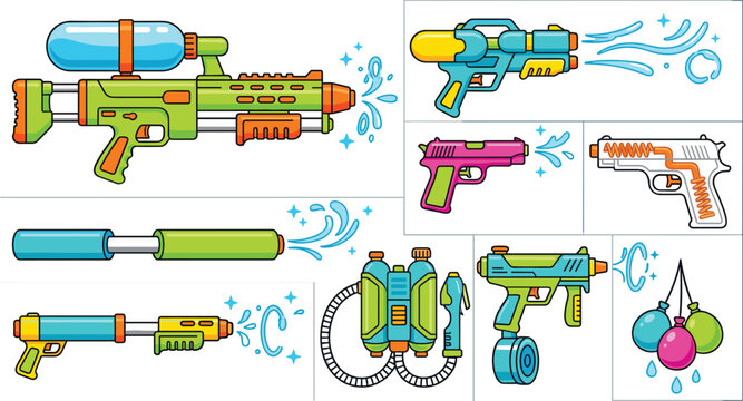 Colorful Summer Water Gun and Squirt Pistol Vector Icon Set Featuring Splashing Toy Blasters and Water Balloons for Pool Party Graphic Designs