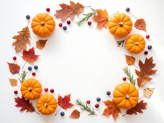 Fototapeta premium A festive wreath made of orange pumpkins and colorful autumn leaves on a white background for a happy thanks giving day