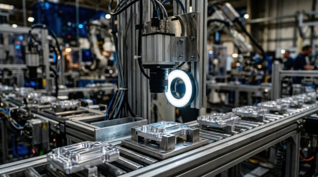 Machine vision system scanning machined parts on a conveyor beside aluminum housings and precision fixtures in an automated production line.
