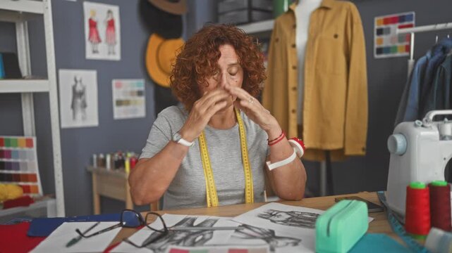 Woman dressmaker rubbing eyes with fingers over sketches at studio table with sewingmachine and measuringtape; fatigue.