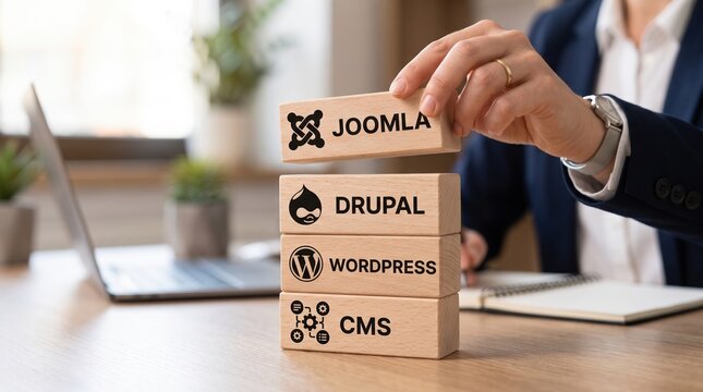 Professional businessman stacking wooden blocks with content management system website platform logos