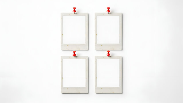 Four blank vintage polaroid photo frames pinned on a clean white background, perfect for displaying memories, creative projects, or personalized photo collages