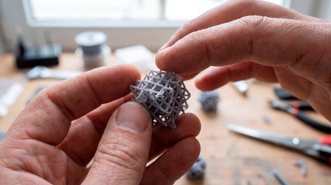 Fingers hold intricate lattice sphere fresh off a whirring 3D printer nozzle