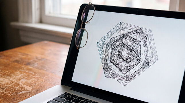 Glasses rest on laptop screen displaying complex geometric wireframe model