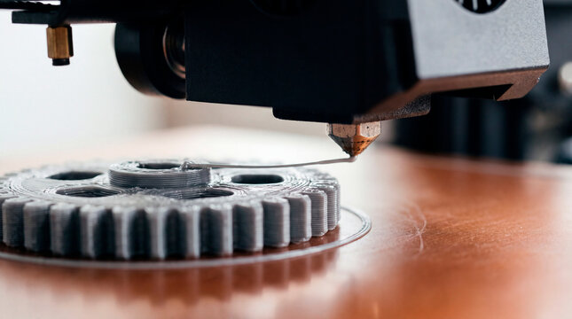 3D printer nozzle deposits layered gray filament forming precision gear