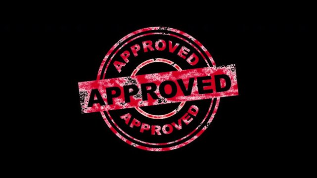 Red grunge approved rubber stamp animation on black background, for business validation, and control