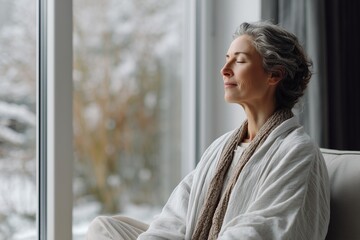 Obraz premium Mature woman meditating with eyes closed sitting near bright winter window
