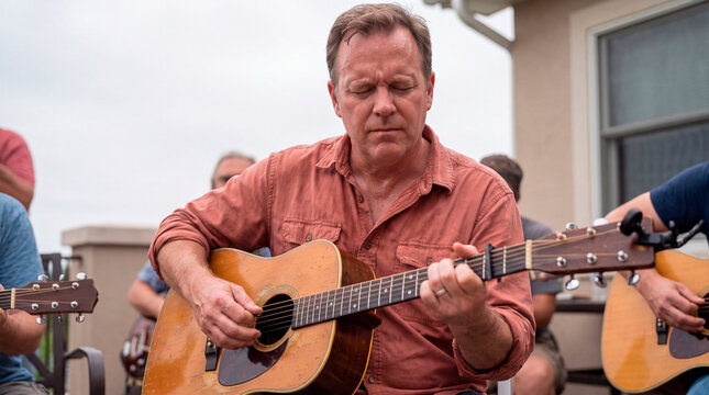 Mature man plays acoustic guitar with eyes closed among friends outdoors