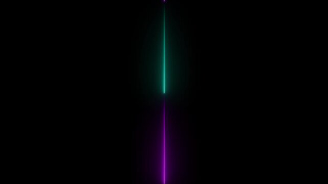 Vertical glowing cyan and purple neon laser beam line animation on dark background loop 4k