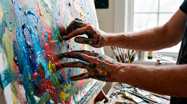 Painter smears vivid oil colors across textured canvas with bare hands