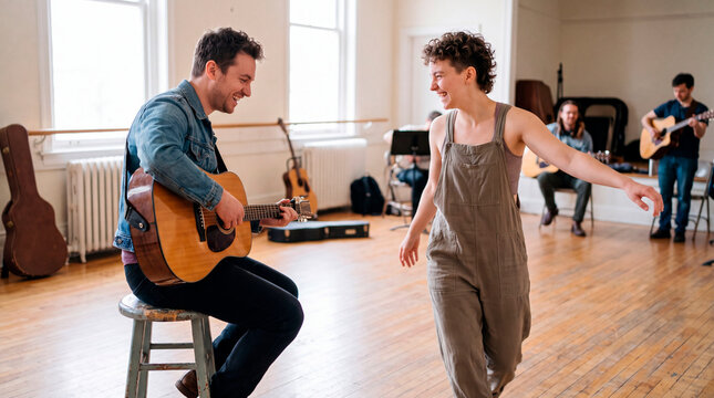 Guitarist serenades dancing woman as band rehearses together in studio