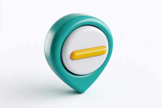 3d render of a teal map location pin icon with an orange minus sign symbol isolated on white background