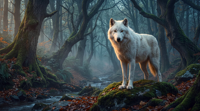 A stunning white wolf stands proudly on a mossy rock amidst a misty forest, exuding strength and grace, and symbolizing the wild beauty of nature in its purest form.