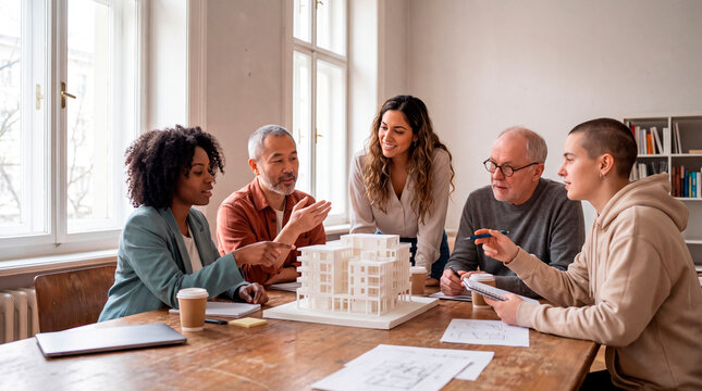 Colleagues discuss white architectural model closely in bright meeting room