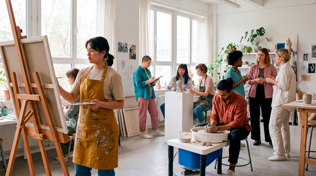 Spacious art studio holds rows of empty easels bathed in natural light