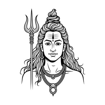 Lord Shiva line art portrait vector illustration with trishula trident