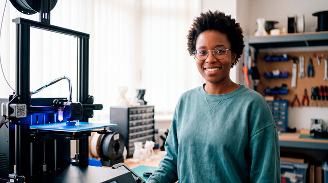 Smiling woman monitors 3D printer building object in tool filled workshop