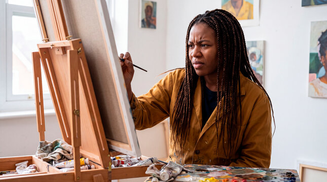 Determined painter studies canvas intently while mixing colors on easel