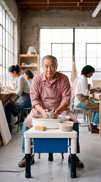 Serene craftsman centers spinning clay bowl gently between practiced hands