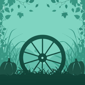 Vintage wooden wagon wheel with autumn leaves and berries, icon wooden wheel rustic wheel