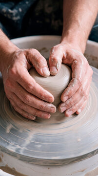 Practiced hands cradle spinning clay pot forming curved vessel walls smoothly