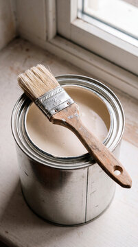 Fresh paintbrush balances on open can of cream paint by wooden window frame