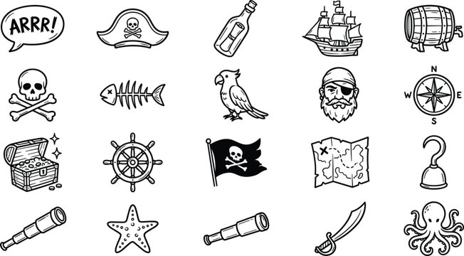 Large hand drawn pirate doodle icon set featuring skulls ships treasure chests maps and various nautical elements