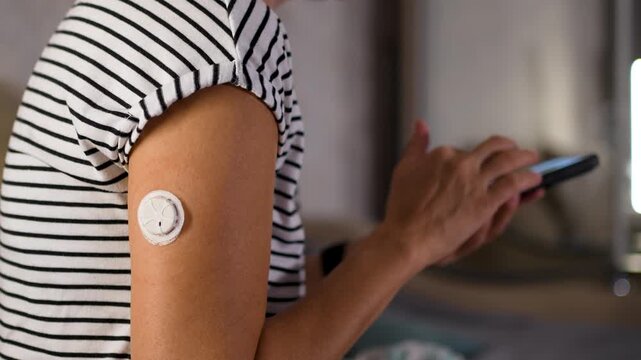Close-up shot of a woman using a smartphone diabetes app to scan a continuous glucose monitoring (CGM) sensor on her arm