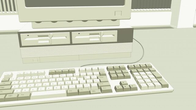 レトロPCとキーボードのアニメーション　架空のコード表示