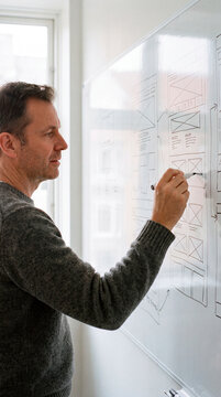Mature designer draws detailed app wireframe sketches on glass whiteboard