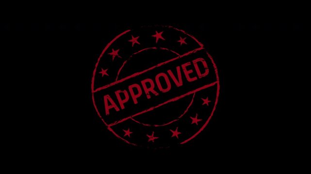 Red approved rubber stamp animation on black background, business validation concept seal