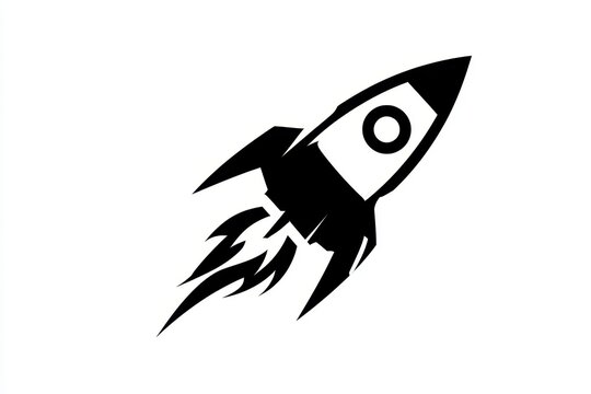 Stylized rocket ship icon launching into space, representing startup business growth, innovation, and success, vector graphic design