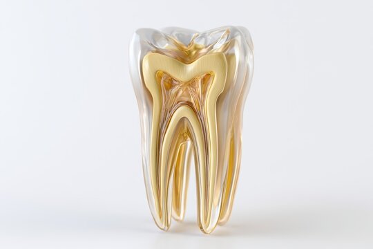 A stylized golden tooth structure inside a transparent tooth model isolated on white background