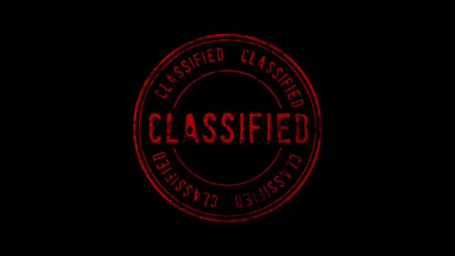 Classified red rubber stamp animation on black background, confidential document security concept secret